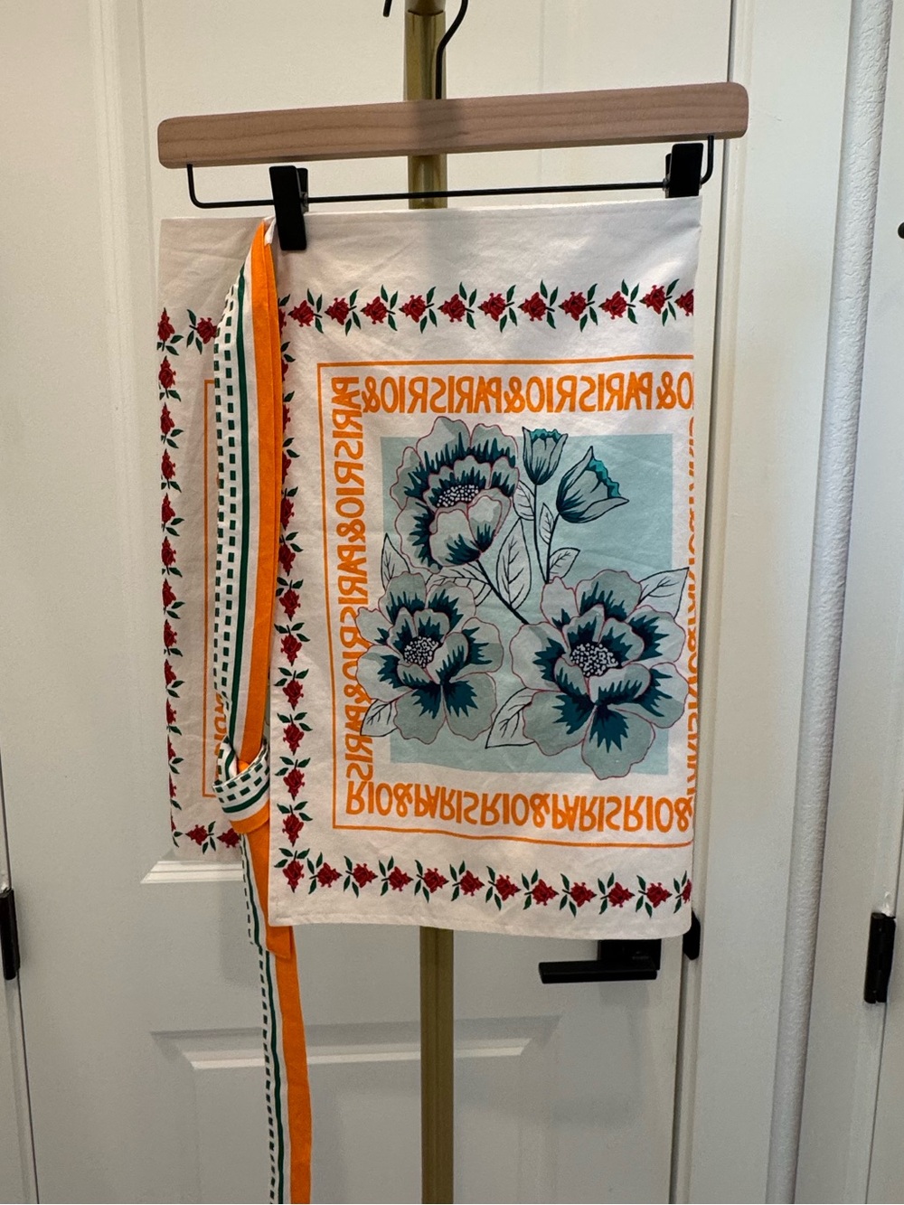 Rio & Paris Square and Floral Print Wrap Skirt with Orange Trim
